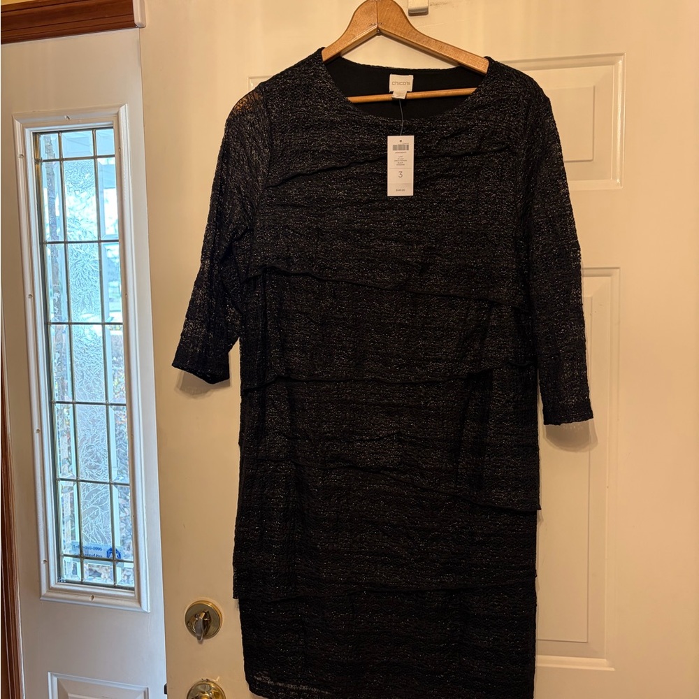 Chico's Black Tiered Midi Dress with Three-Quarter Sleeves